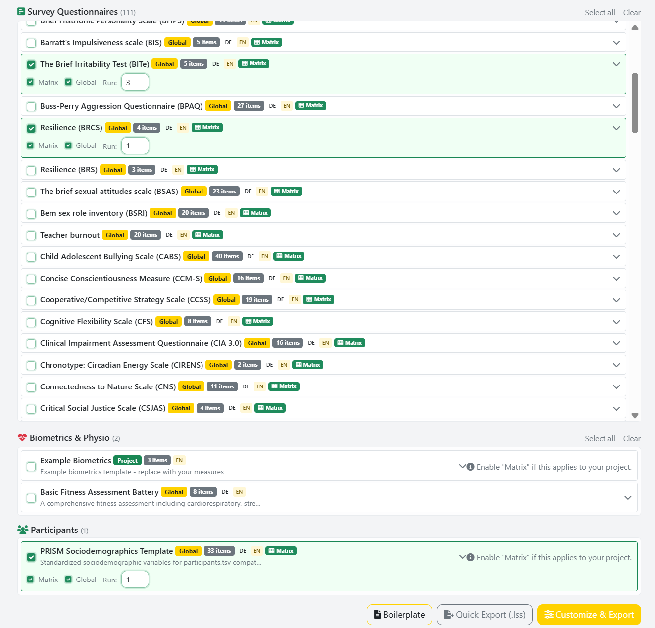 Template selection showing checked questionnaires with run numbers and Matrix/Global badges