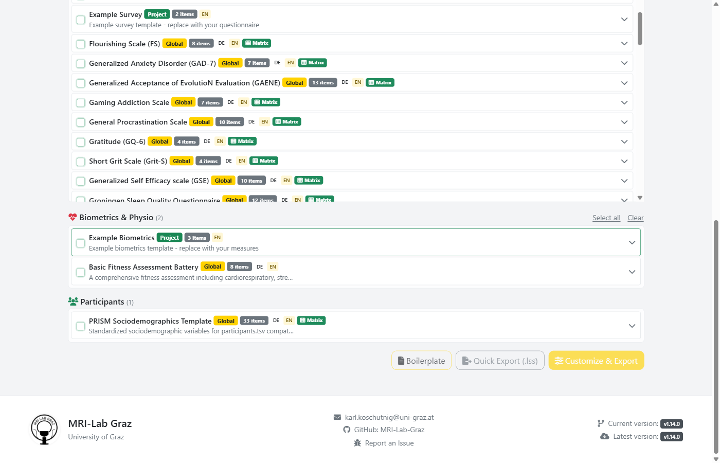 Export buttons: Boilerplate, Quick Export (.lss), and Customize & Export