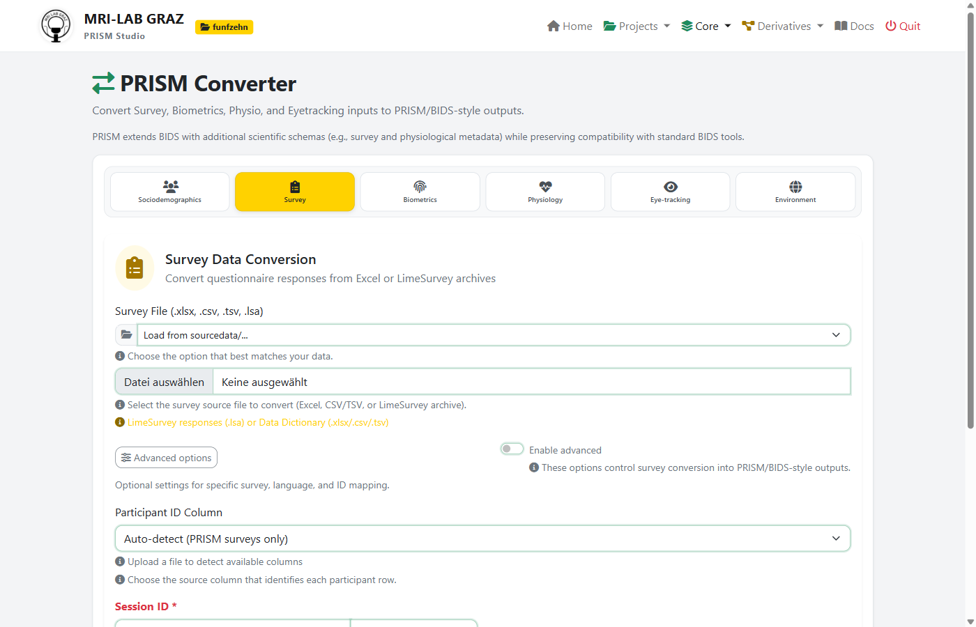 Survey Converter page with file upload and session settings