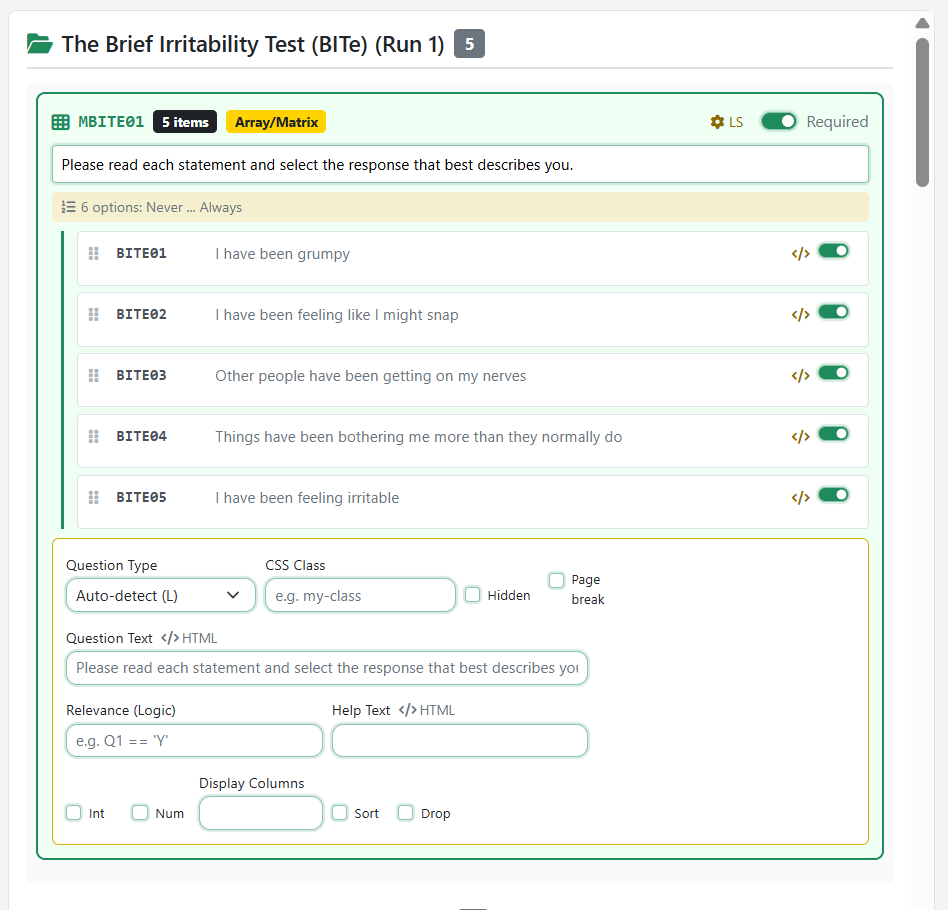 Per-question LimeSurvey settings: question type override, CSS class, relevance equation, help text, display columns