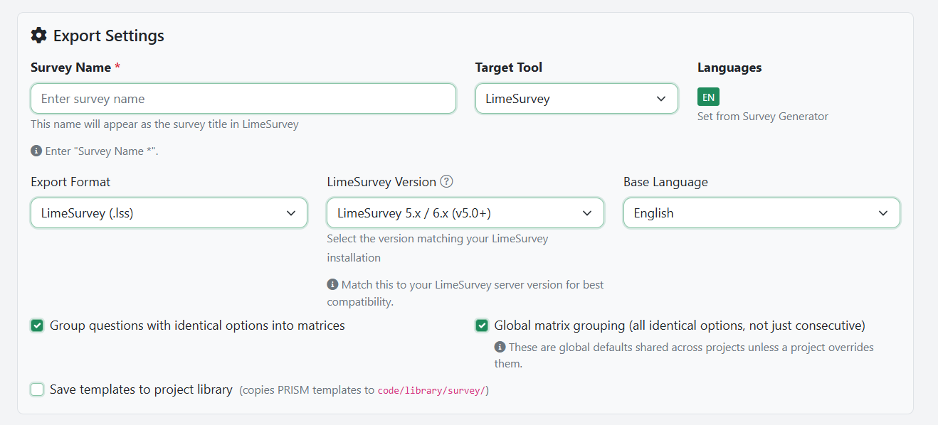 Export settings: survey name, target tool (LimeSurvey), version, languages