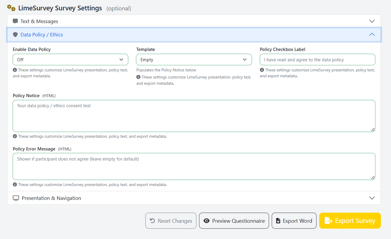 Data policy settings with GDPR-compliant consent templates