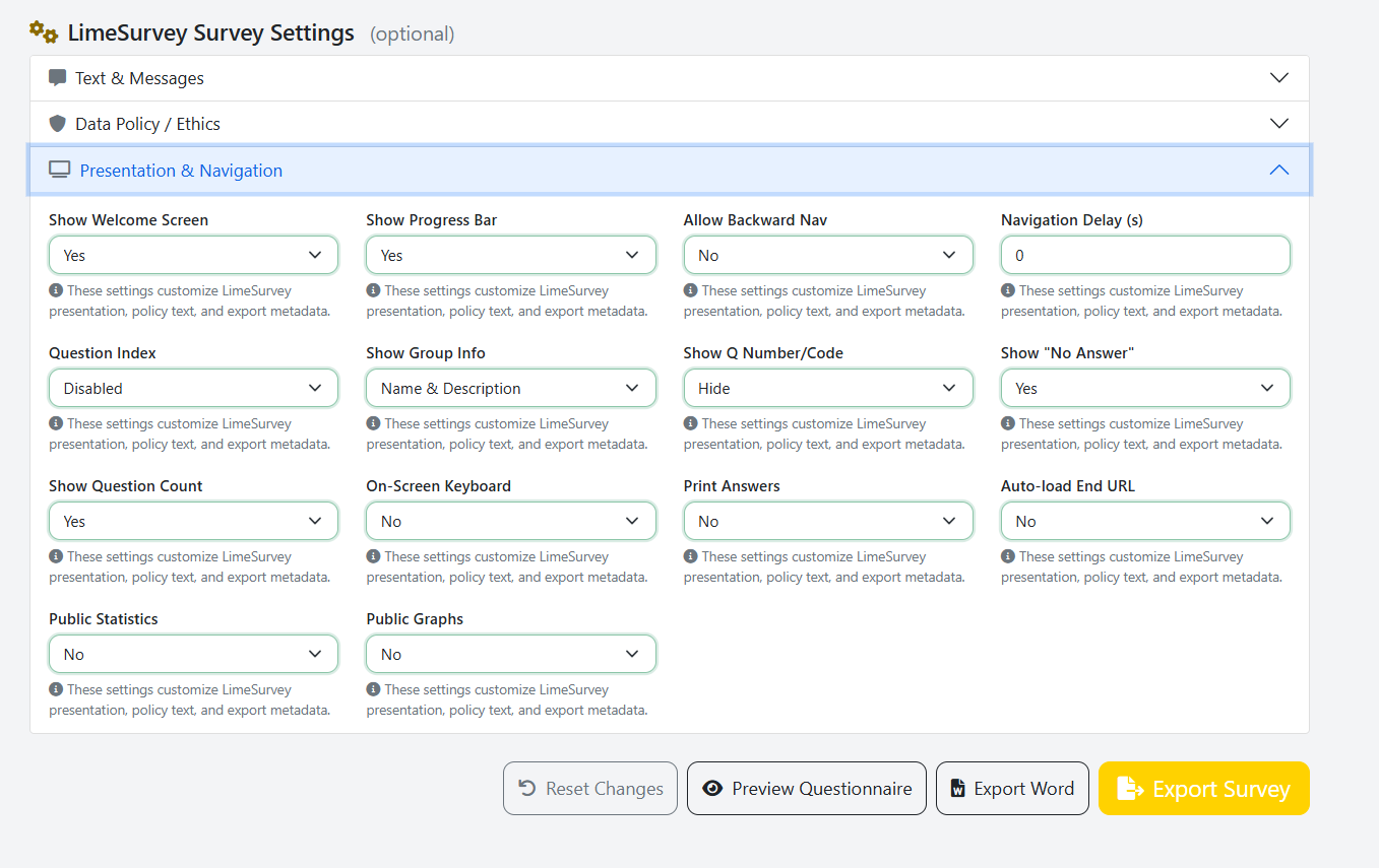 LimeSurvey presentation options: question numbering, progress bar, navigation